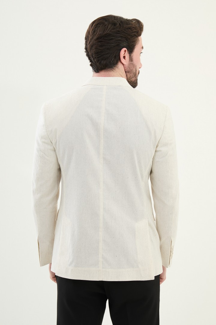 Ecru Color Striped Casual Double Breasted Men's Blazer