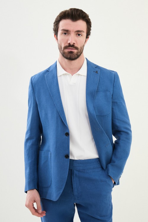 Indigo Color Hanging Pocket Design Casual Men's Linen Blazer