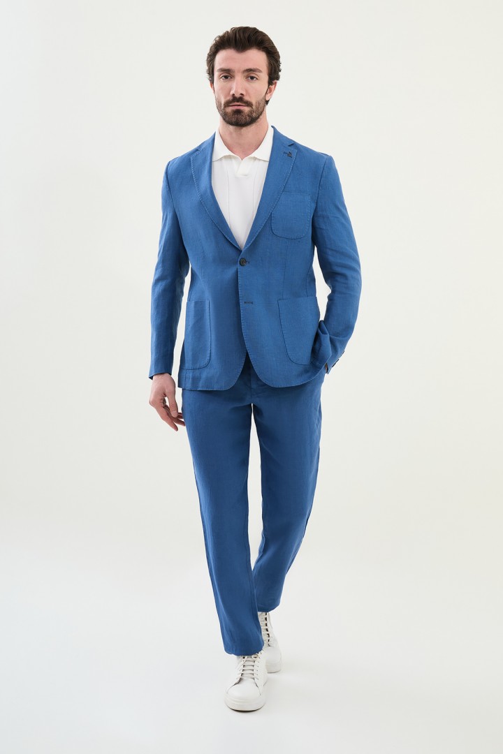 Indigo Color Hanging Pocket Design Casual Men's Linen Blazer