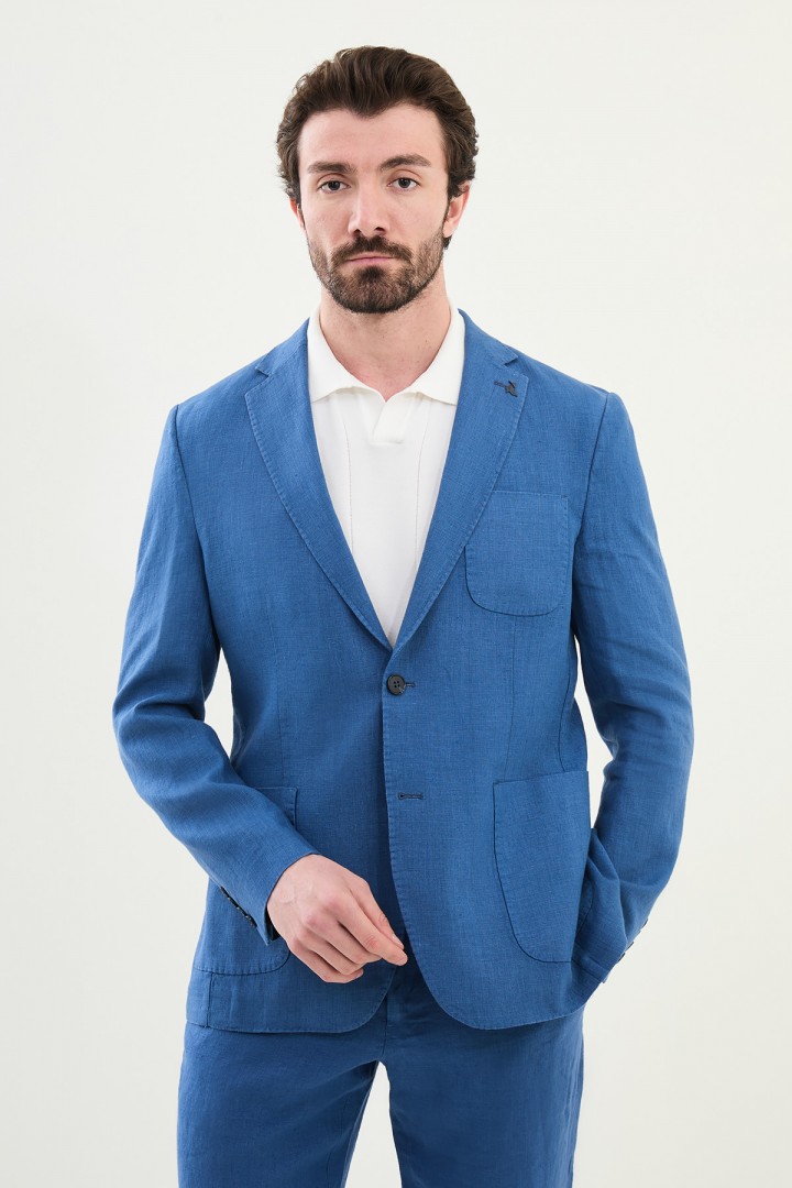 Indigo Color Hanging Pocket Design Casual Men's Linen Blazer