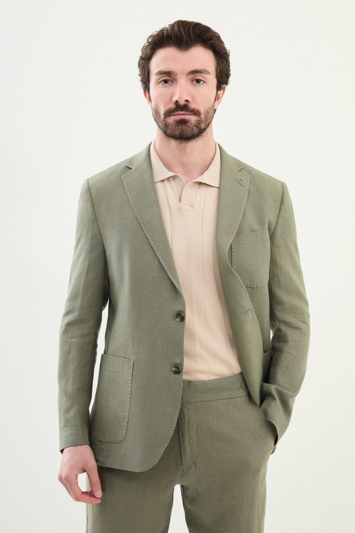 Khaki Color Hanging Pocket Design Casual Men's Linen Blazer