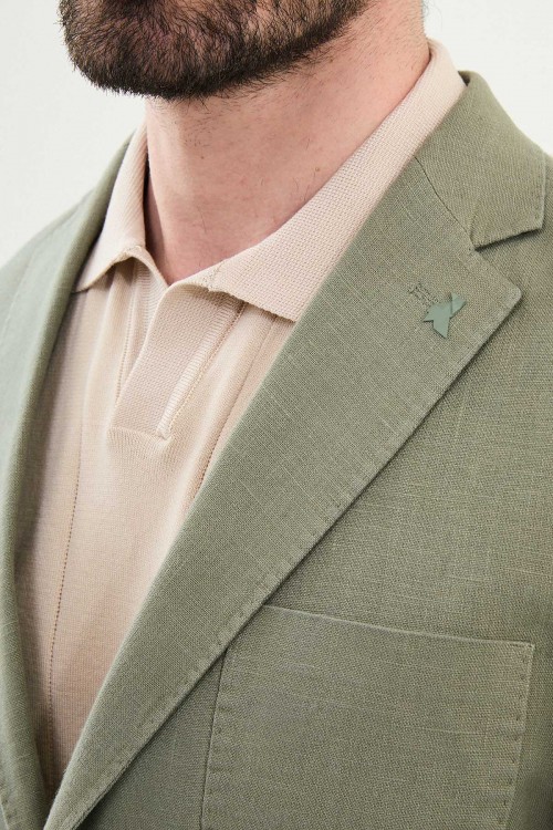 Khaki Color Hanging Pocket Design Casual Men's Linen Blazer