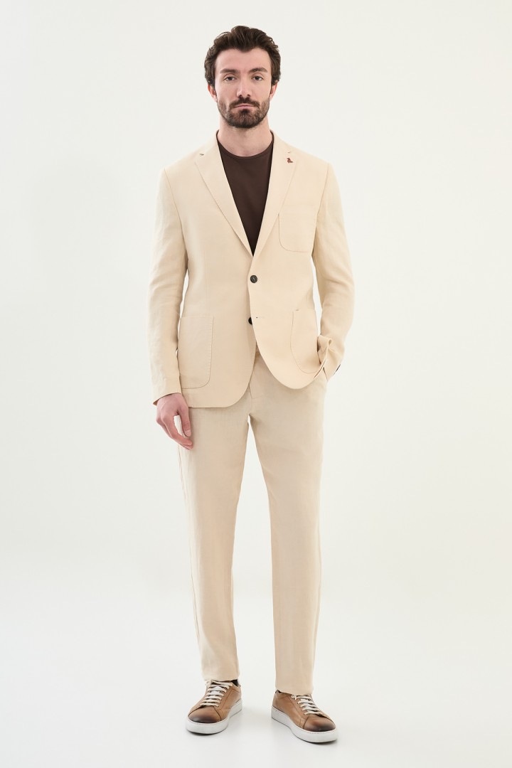 Beige Color Hanging Pocket Design Casual Men's Linen Blazer