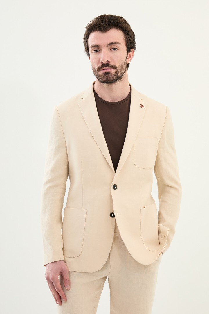 Beige Color Hanging Pocket Design Casual Men's Linen Blazer
