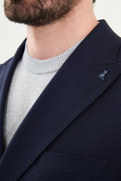 Dark Blue Color Casual Men's Seersucker Double Breasted Suit