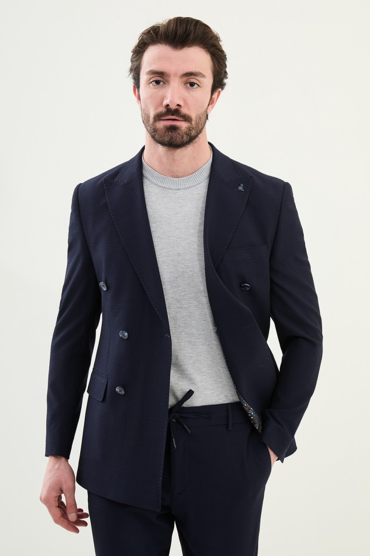 Dark Blue Color Casual Men's Seersucker Double Breasted Suit