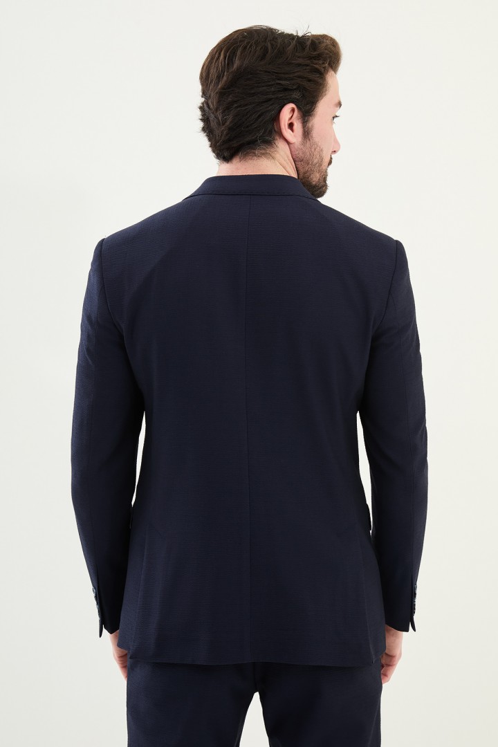Dark Blue Color Casual Men's Seersucker Double Breasted Suit