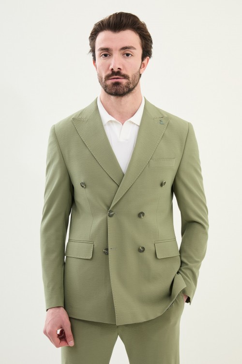 Green Color Casual Men's Seersucker Double Breasted Suit