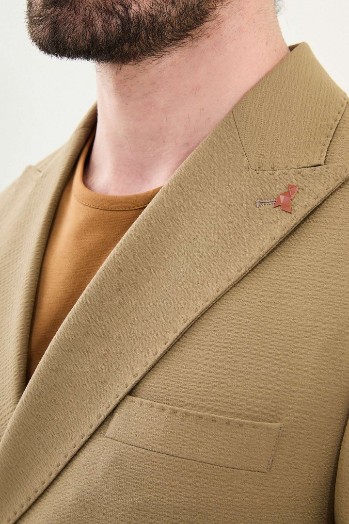 Khaki Color Casual Men's Seersucker Double Breasted Suit