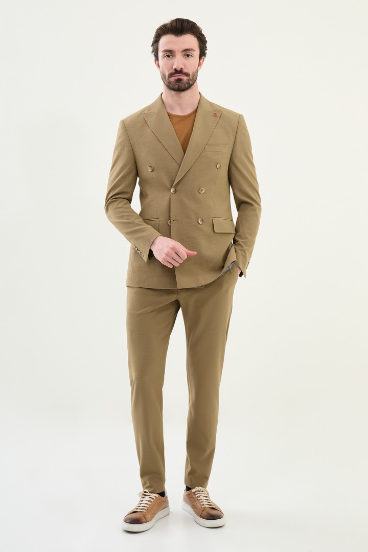 Khaki Color Casual Men's Seersucker Double Breasted Suit