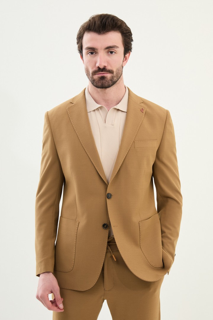 Camel Color Seersucker Fabric Casual Men's Blazer
