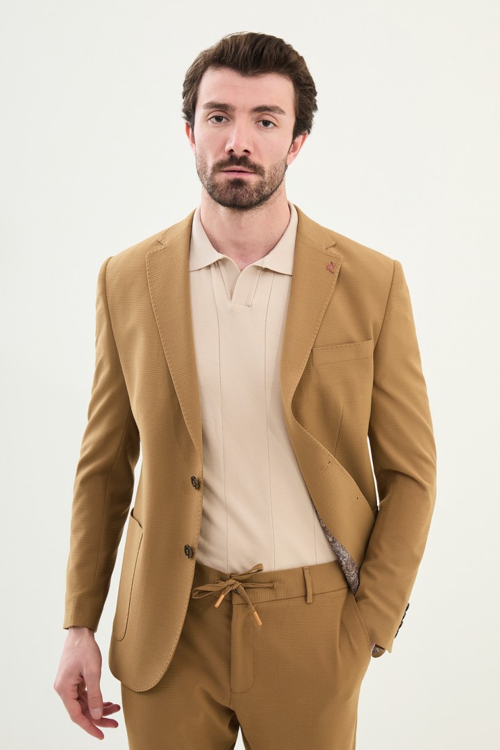 Camel Color Seersucker Fabric Casual Men's Blazer