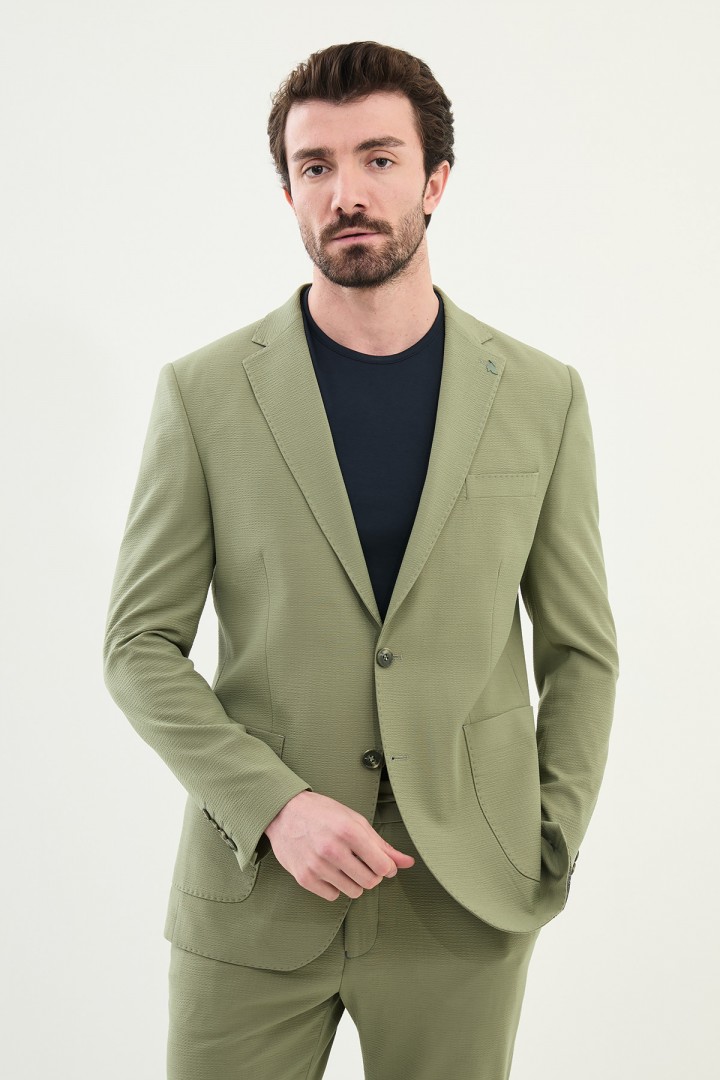 Green Color Seersucker Fabric Casual Men's Blazer