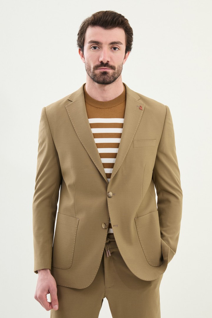 Khaki Color Seersucker Fabric Casual Men's Blazer
