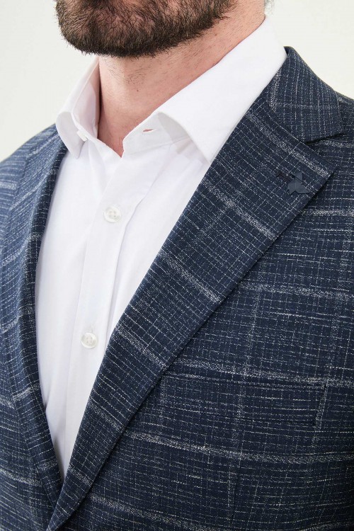 Dark Blue Color Check Pattern Design Classic Men's Blazer