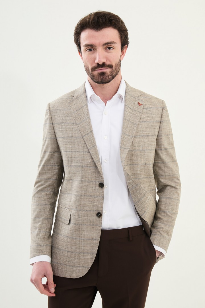 Ekoseli Bej Slim Fit Mono Yaka Klasik Erkek Ceket