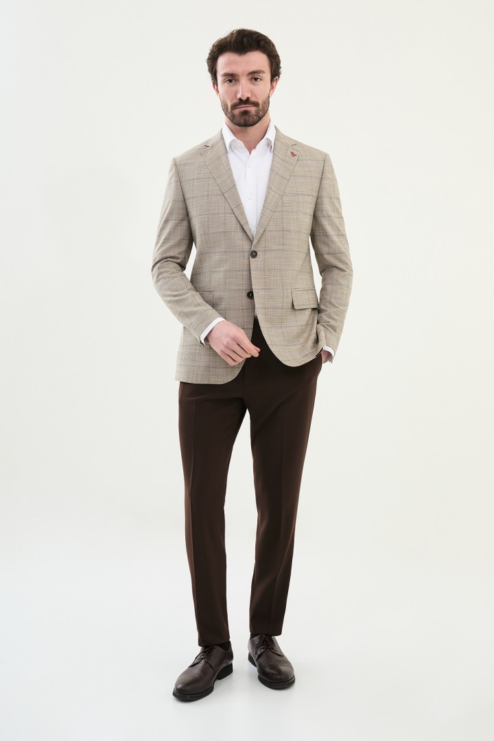 Ekoseli Bej Slim Fit Mono Yaka Klasik Erkek Ceket