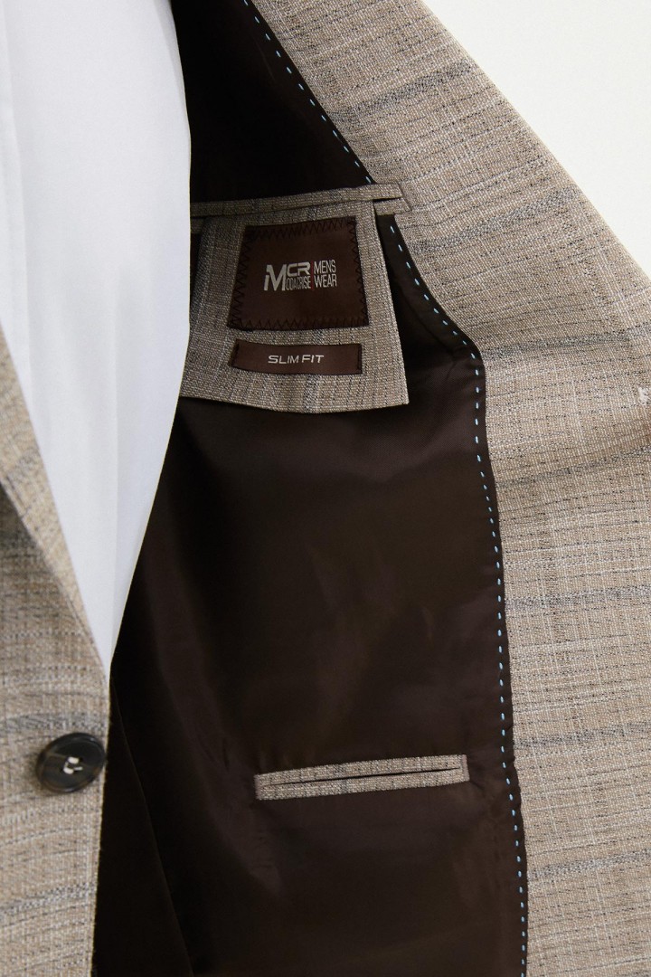 Ekoseli Bej Slim Fit Mono Yaka Klasik Erkek Ceket