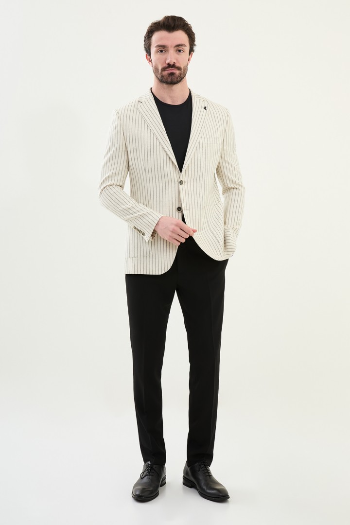 Black Color Casual Men's Linen Striped Blazer