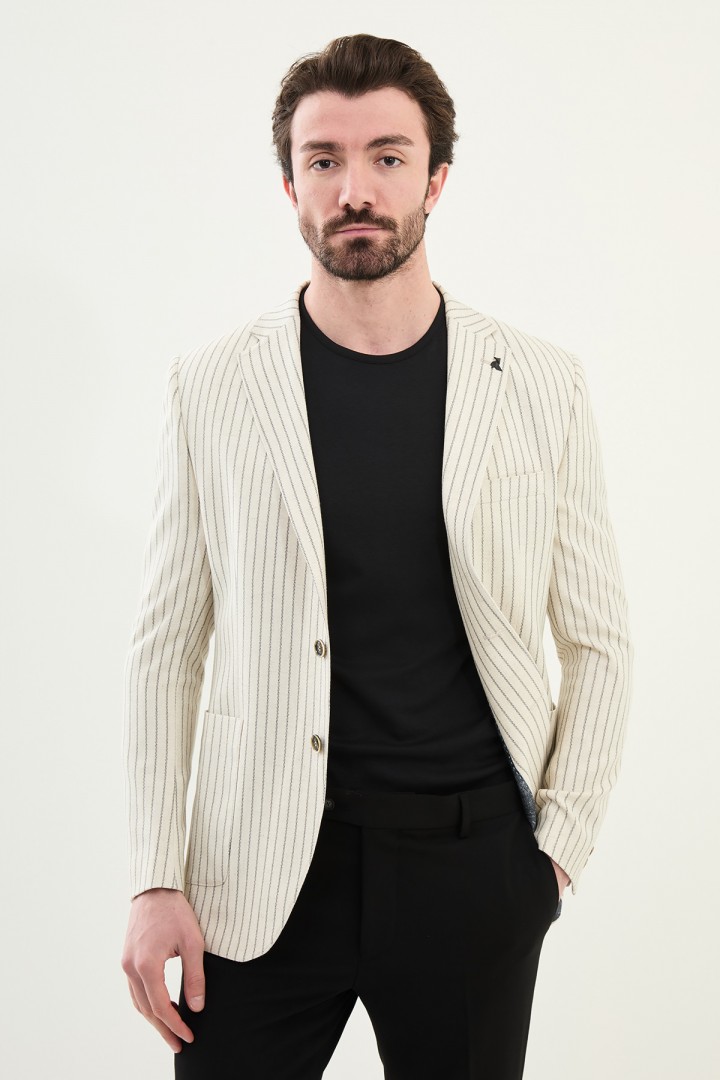 Black Color Casual Men's Linen Striped Blazer