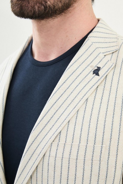 Dark Blue Color Casual Men's Linen Striped Blazer