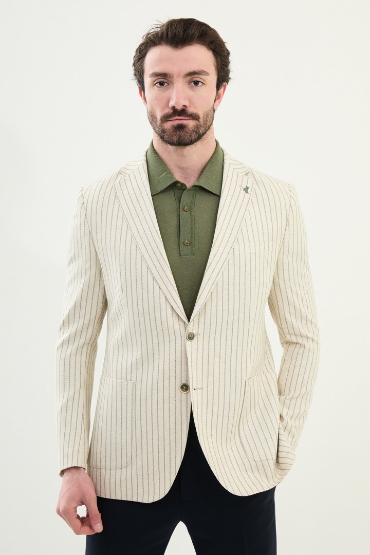 Khaki Color Casual Men's Linen Striped Blazer