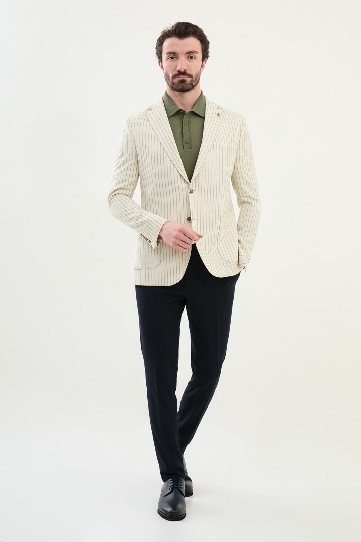 Khaki Color Casual Men's Linen Striped Blazer