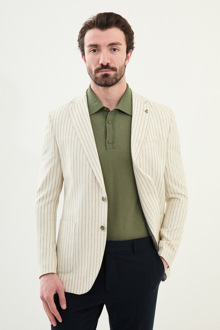 Khaki Color Casual Men's Linen Striped Blazer