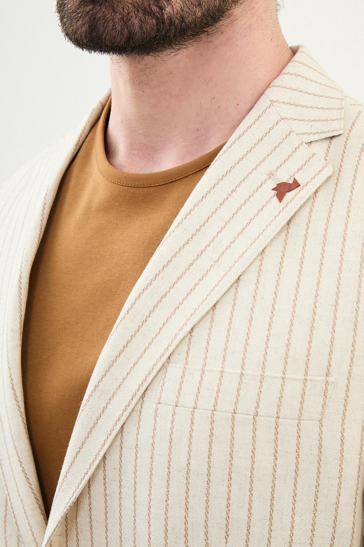 Beige Color Casual Men's Linen Striped Blazer