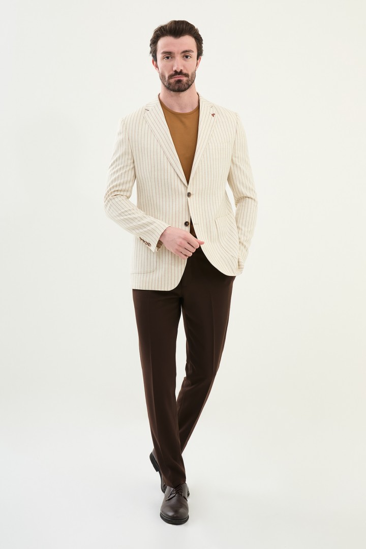 Beige Color Casual Men's Linen Striped Blazer