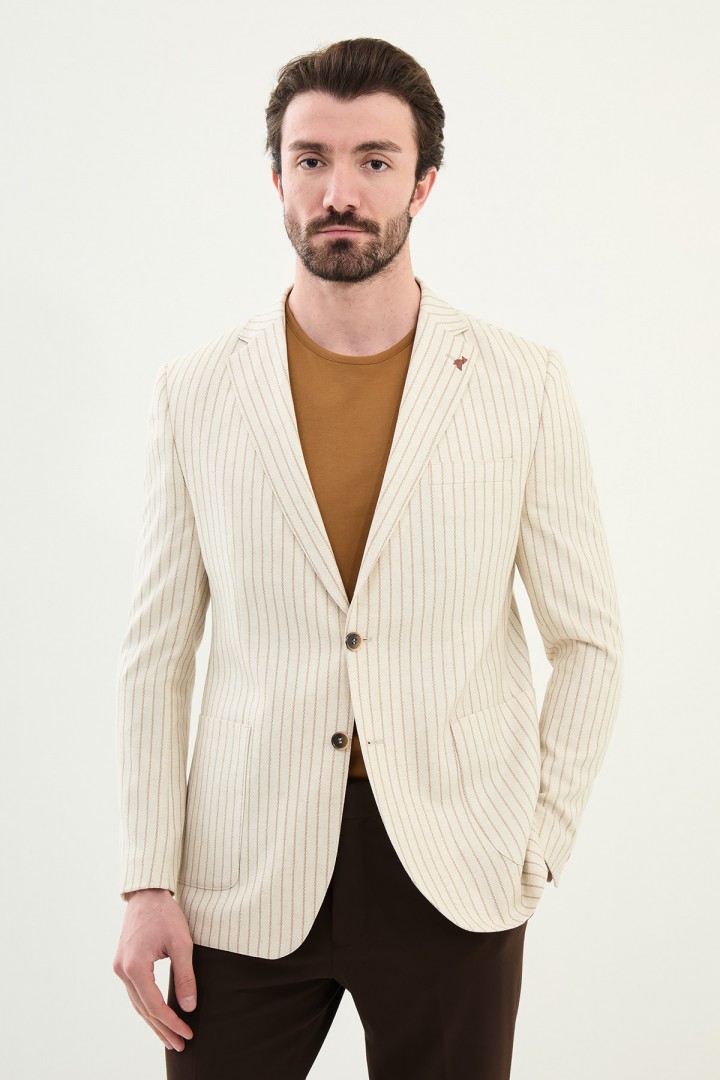 Beige Color Casual Men's Linen Striped Blazer