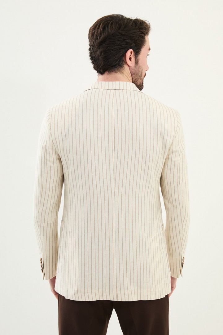 Beige Color Casual Men's Linen Striped Blazer