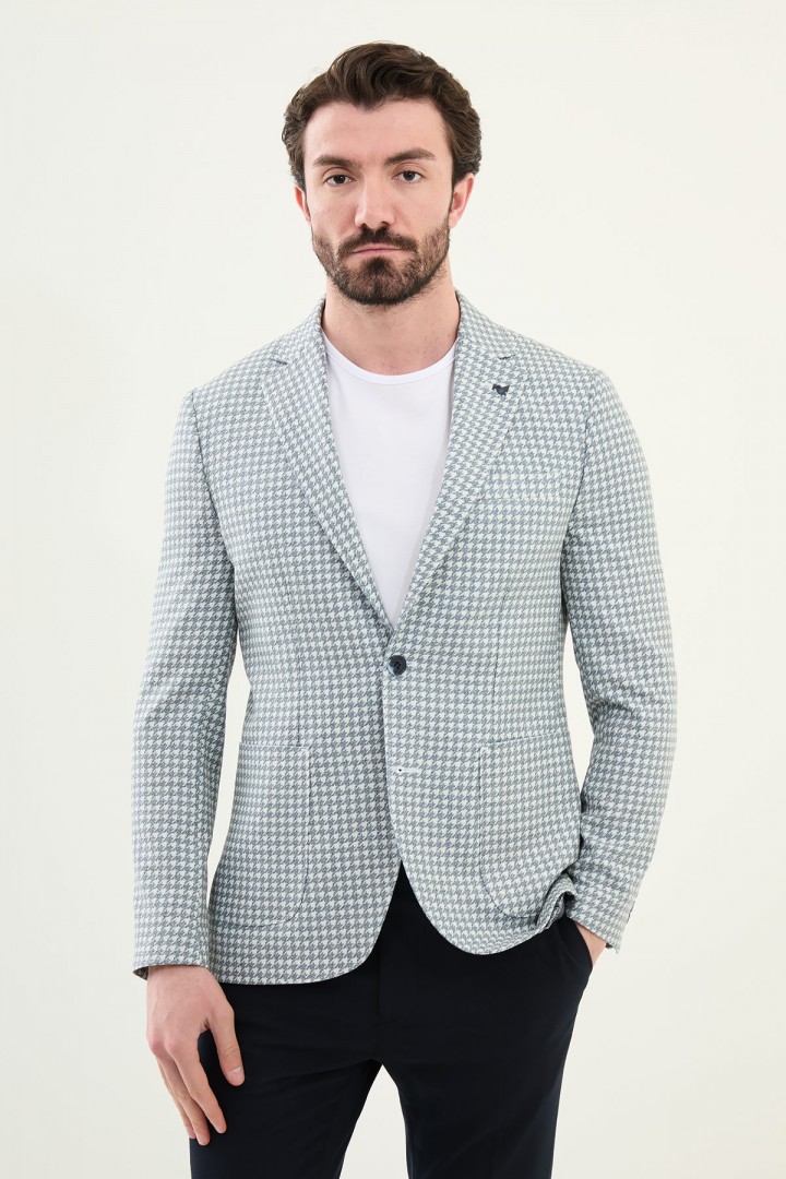 Dark Blue Color Casual Houndstooth Pattern Men's Blazer