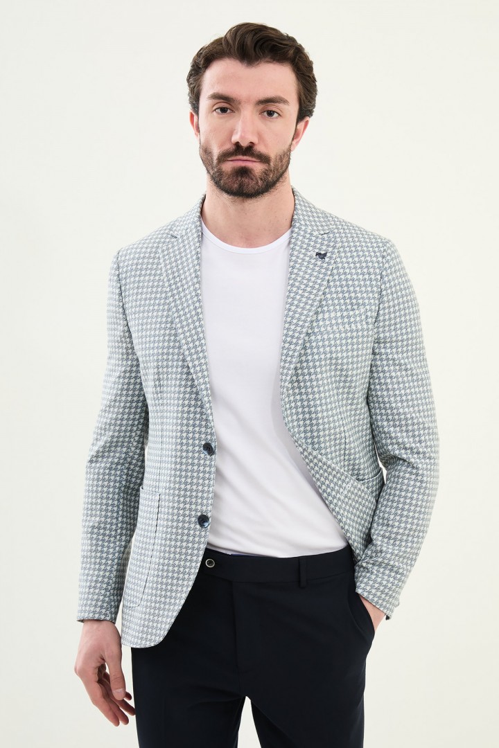 Dark Blue Color Casual Houndstooth Pattern Men's Blazer