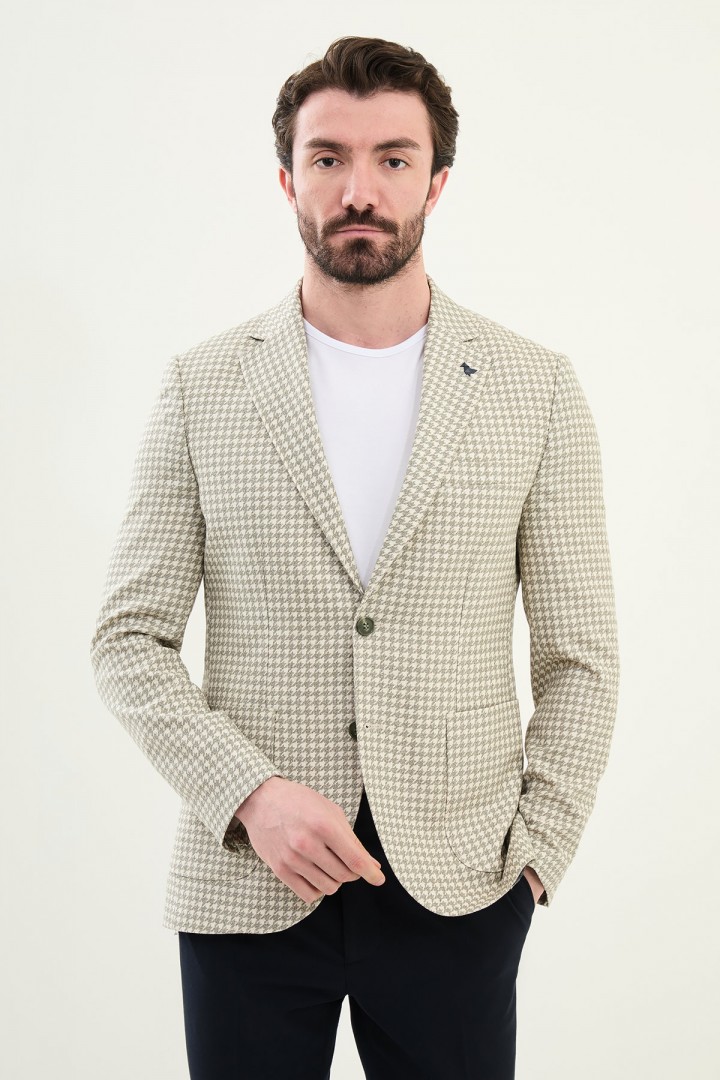 Khaki Color Casual Houndstooth Pattern Men's Blazer