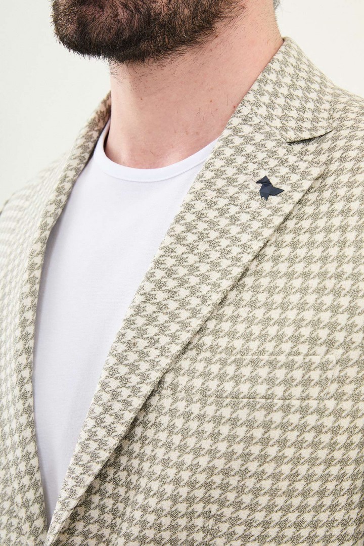 Khaki Color Casual Houndstooth Pattern Men's Blazer