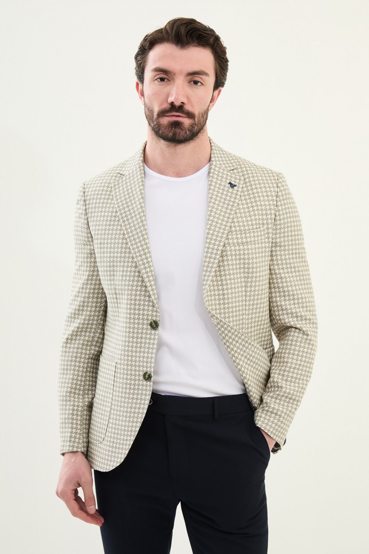 Khaki Color Casual Houndstooth Pattern Men's Blazer