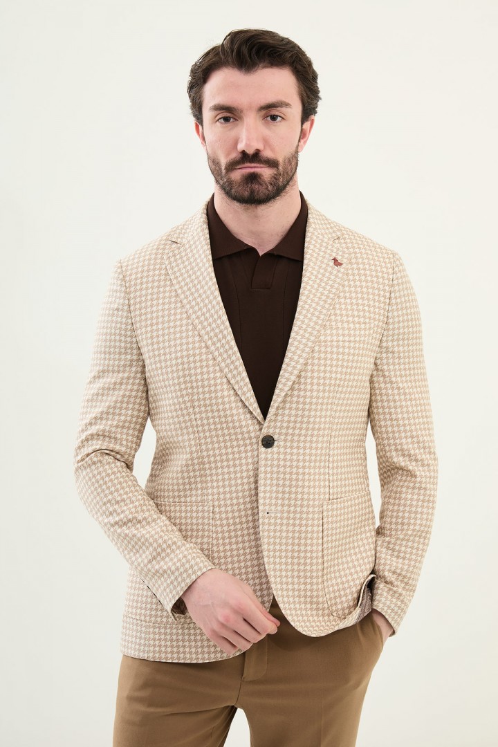 Beige Color Casual Houndstooth Pattern Men's Blazer