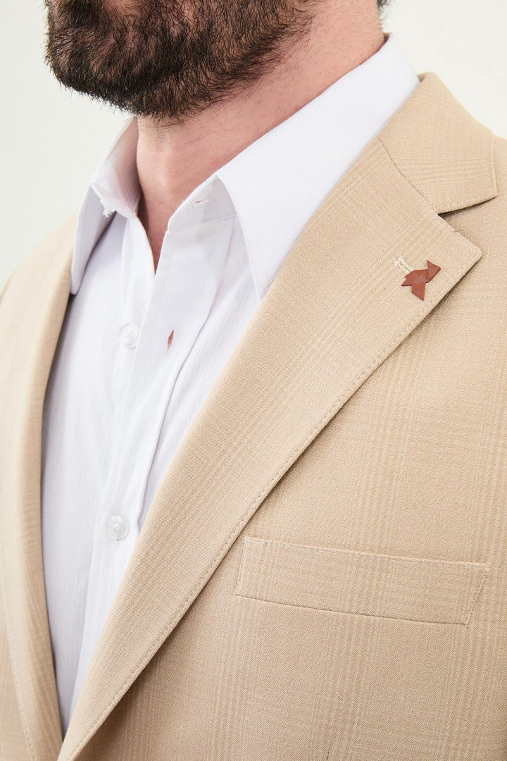 Beige Color Check Pattern Classic Men's Blazer