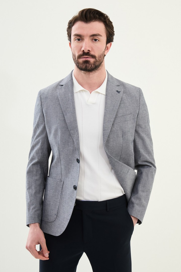 Dark Blue Color Casual Linen Men's Blazer