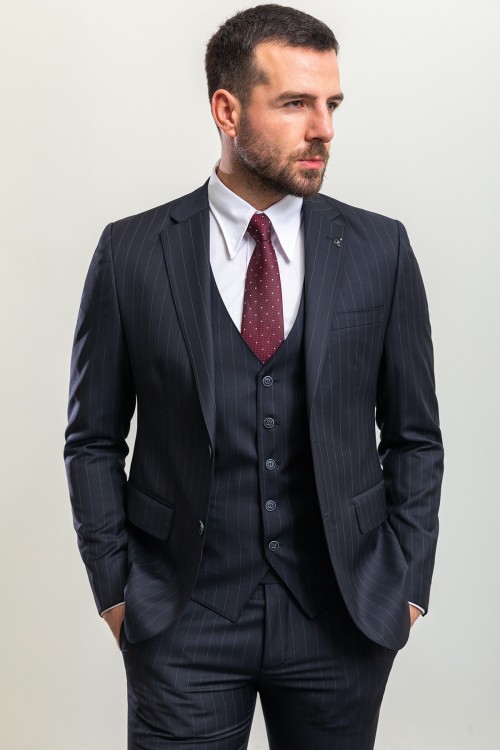 Black Color Striped Design Classic Premium Wool Suit