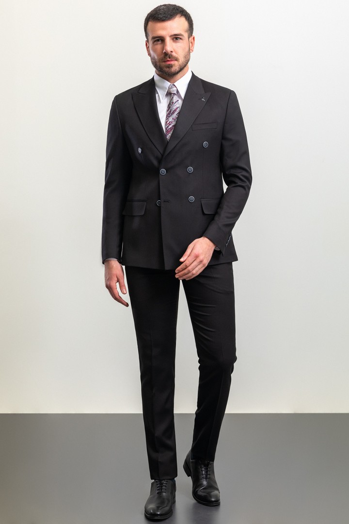 Black Color Double Breasted Design Classic Premium Wool Suit