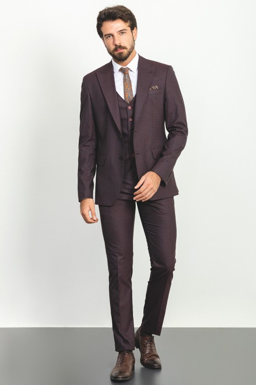 Claret Red Color Check Patterned Design Casual Men's Suit