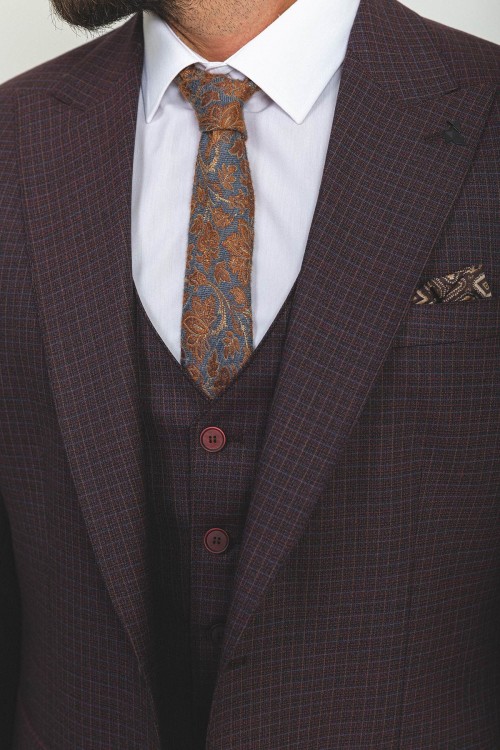 Claret Red Color Check Patterned Design Casual Men's Suit