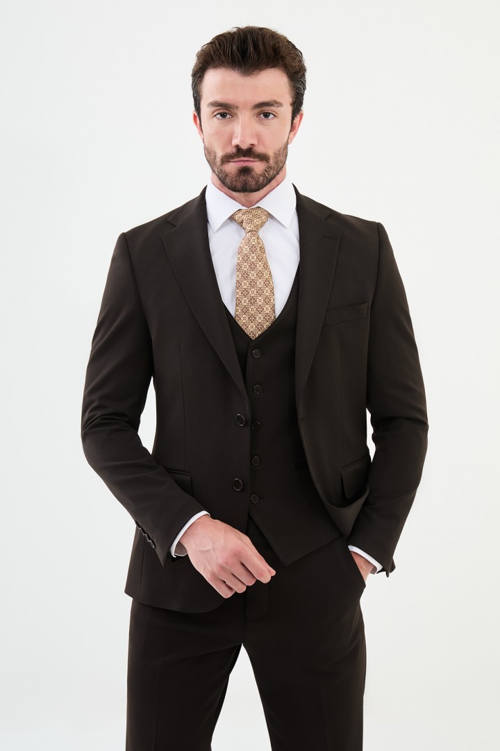 Brown Color Wool And Viscose Fabric Classic Men's Suit