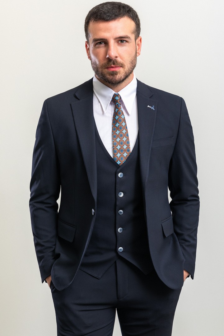 Dark Blue Cotton Fabric Classic Men's Suit