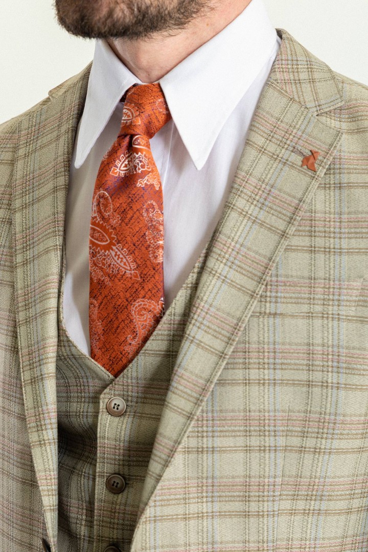 Beige Color Linen Fabric Check Patterned Design Casual Men's Suit