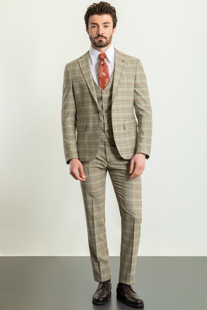 Beige Color Linen Fabric Check Patterned Design Casual Men's Suit