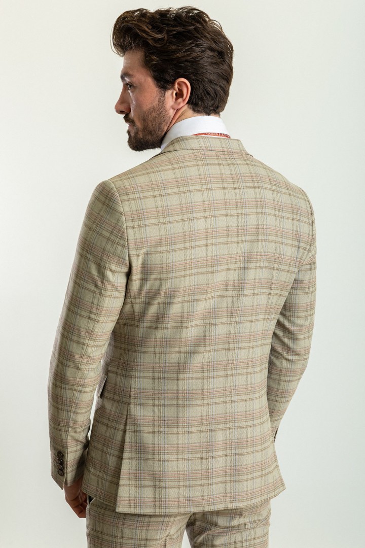 Beige Color Linen Fabric Check Patterned Design Casual Men's Suit