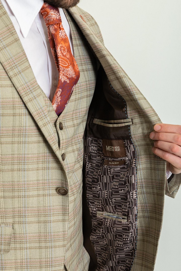 Beige Color Linen Fabric Check Patterned Design Casual Men's Suit